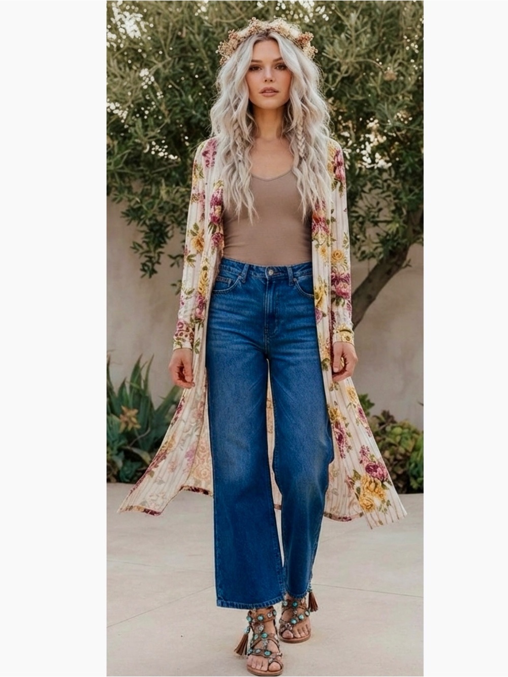 ANDTHEWHY Boho-Chic Floral Stripe Longline Kimono Duster Womens Medium New